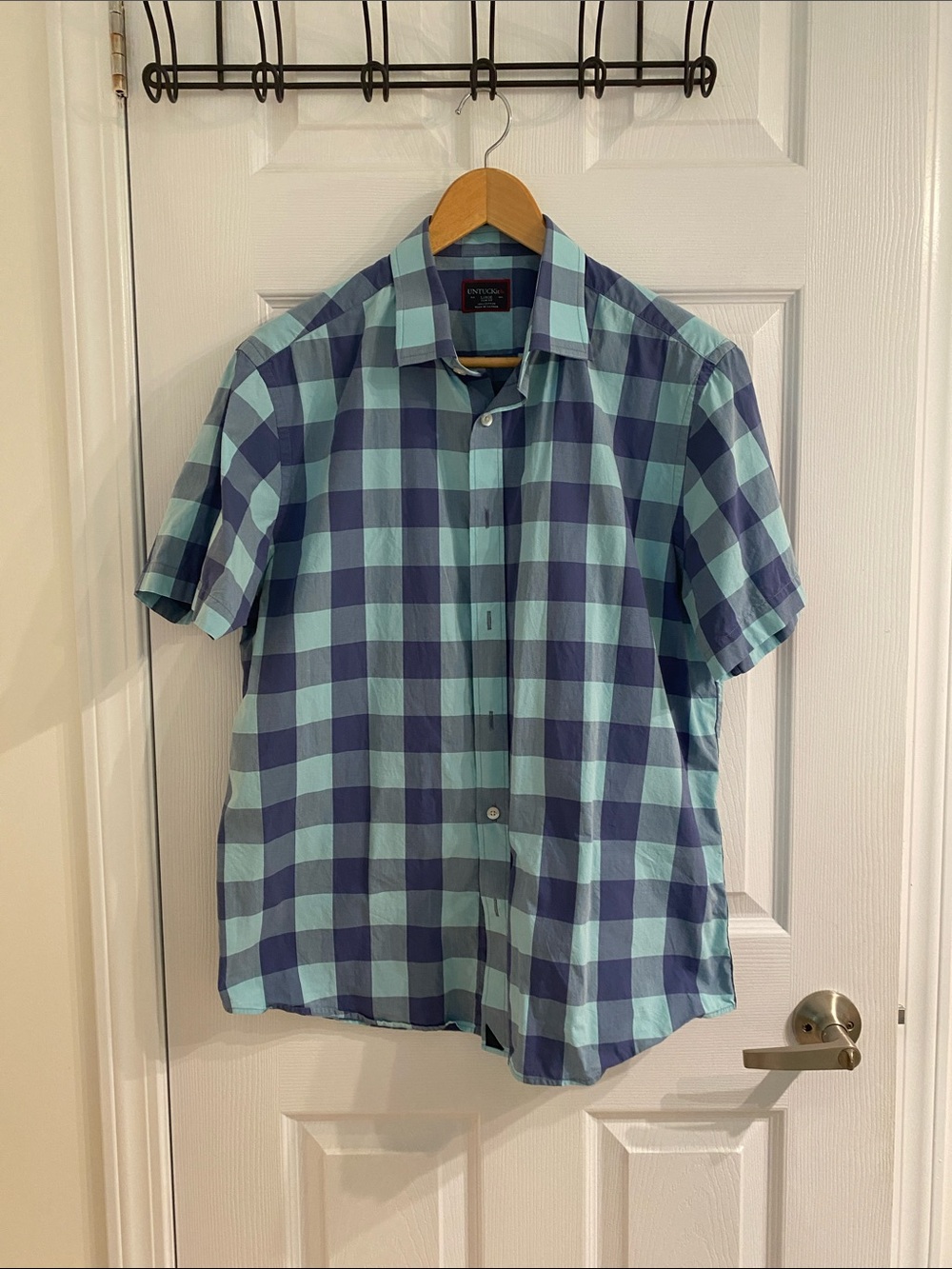UNTUCKit Men’s Short Sleeve Button Down Check Shirt Blue Teal Large